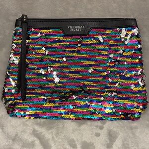 Victoria's Secret Rainbow Sequin Cosmetic Bag with Black Trim
